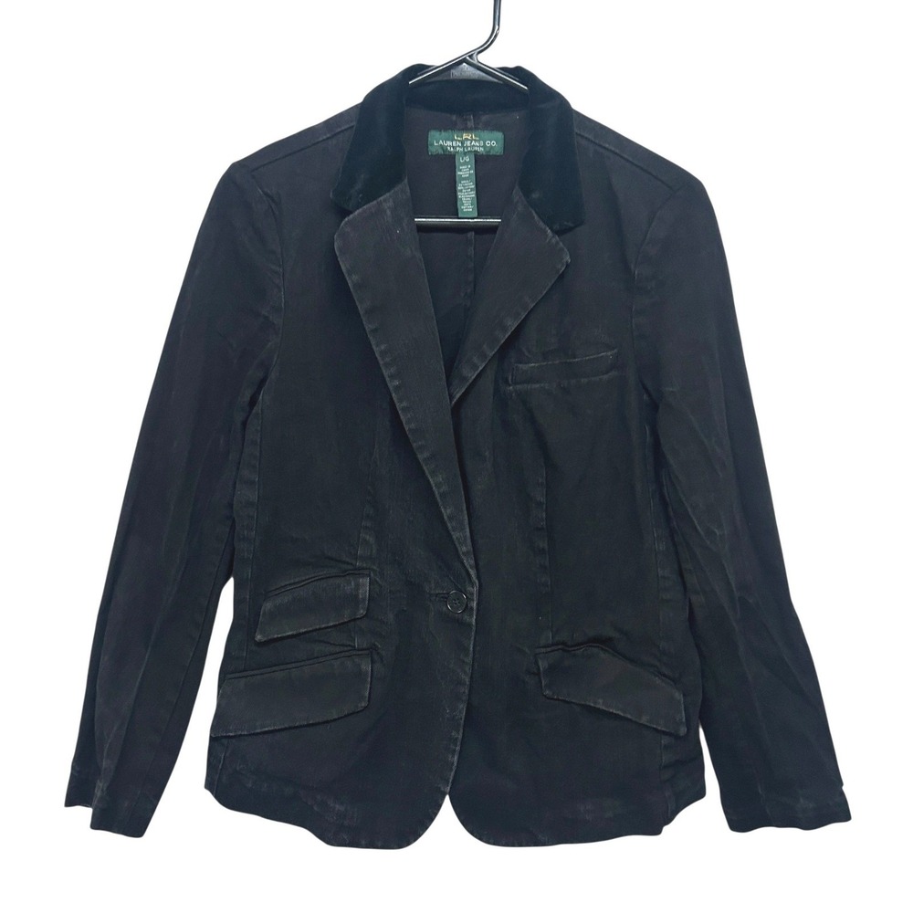 Ralph Lauren Black Denim Jacket Blazer Large Velvet‎ Collar Stretch Preppy